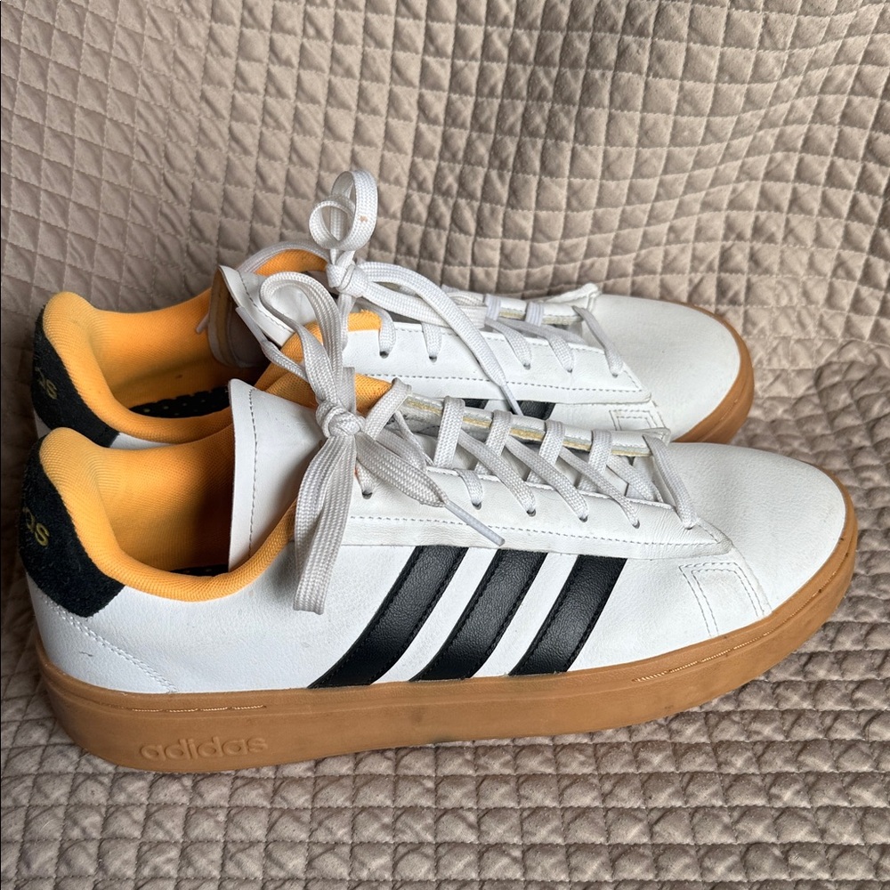 Adidas White and Black Sneakers with Tan Sole